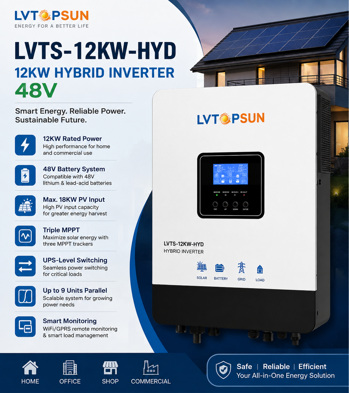 LVTOPSUN LVTS 12KW Hybrid Inverter – 48V