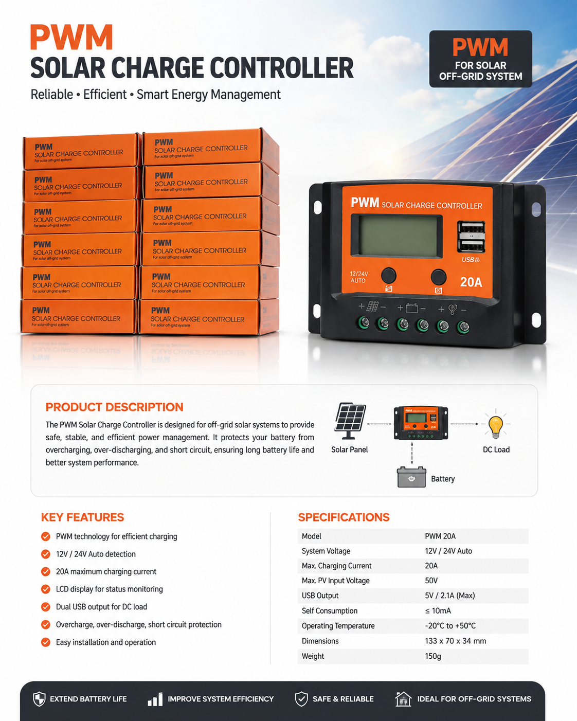 PWM SOLAR CHARGE CONTROLLER 20A-12/24 V